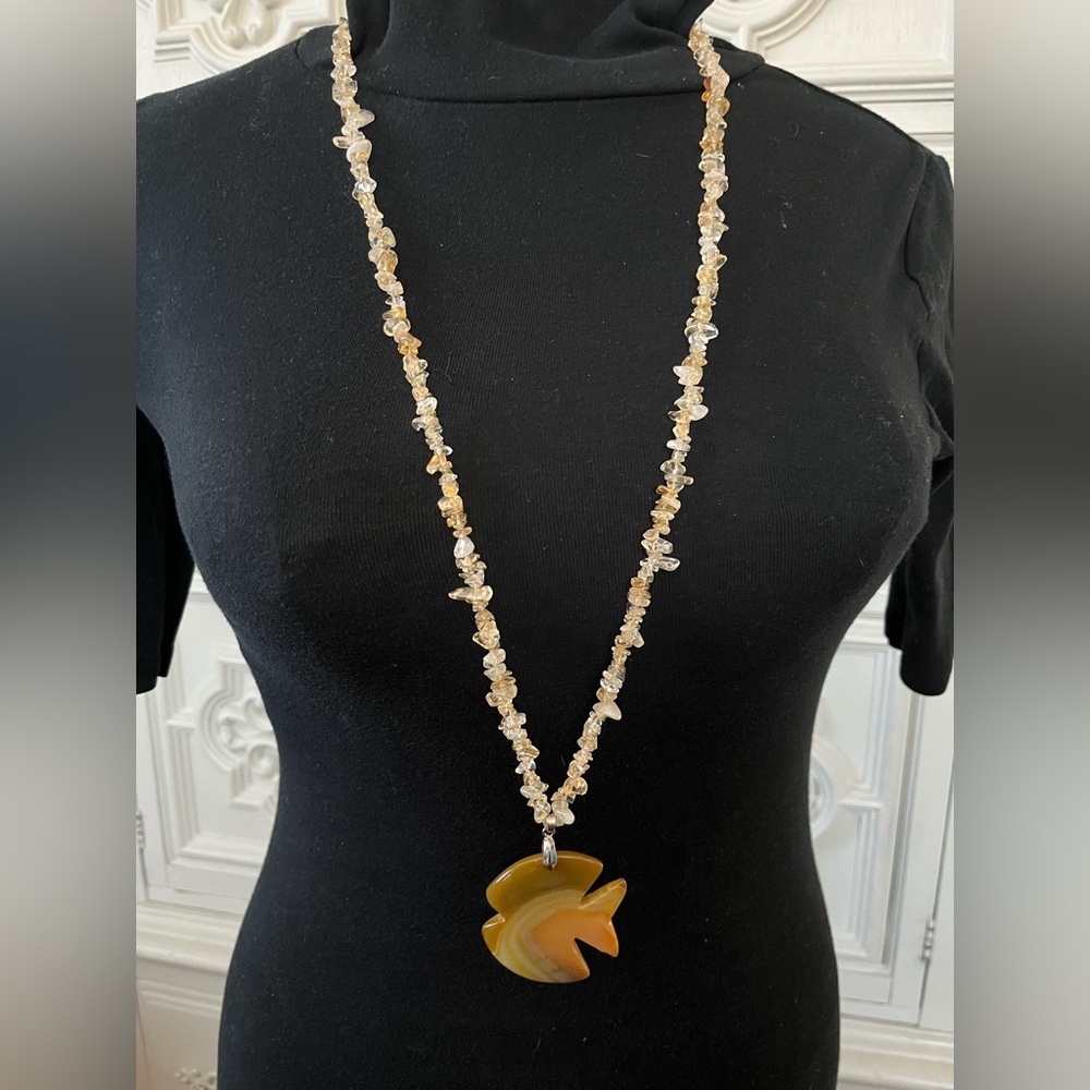 Citrine chip necklace with stone Fish medallion